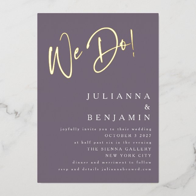 We Do Elegant Wedding Website Dusky Purple Gold Foil Invitation (Front)