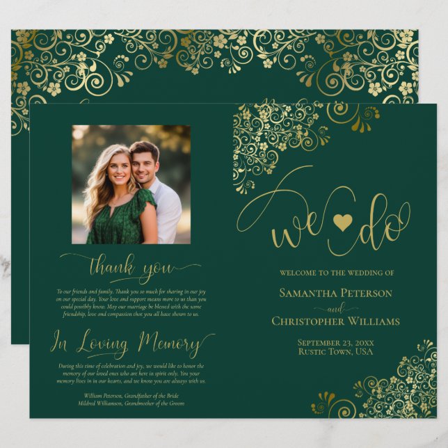 We Do! Emerald & Gold DIY Fold Wedding Program (Front/Back)