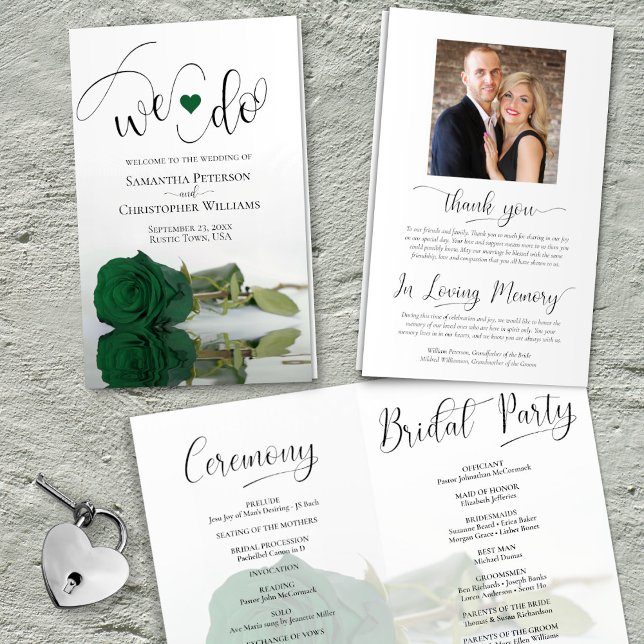 We Do! Emerald Green Rose DIY Fold Wedding Program (Front/Back/Inside)