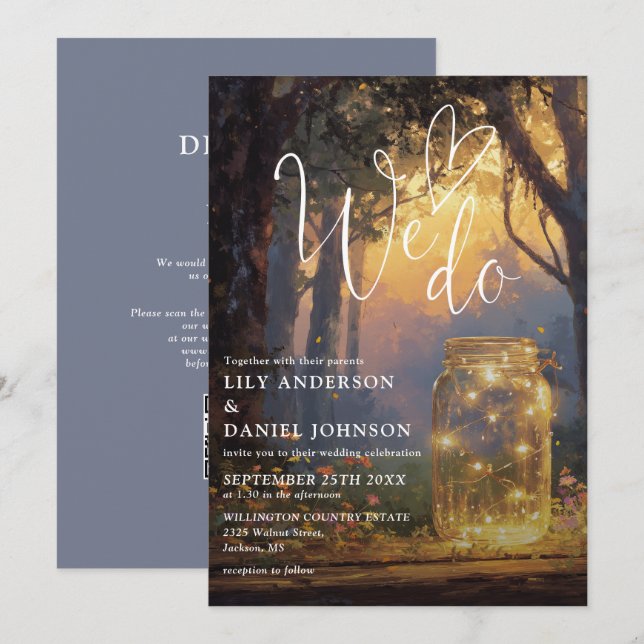 We Do Enchanted Forest Mason Jar QR Code Wedding Invitation (Front/Back)