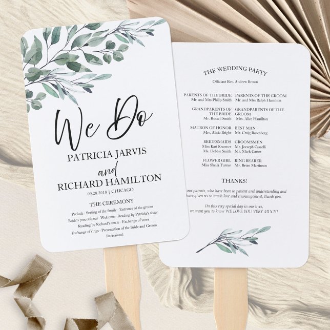We Do Eucalyptus Leaves Greenery Wedding Programs Hand Fan (Creator Uploaded)