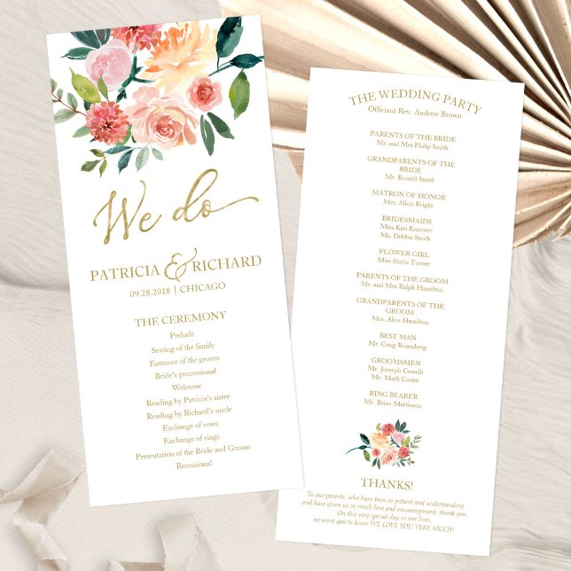 We Do Gold Floral Watercolor Wedding Program 4x9 (Creator Uploaded)
