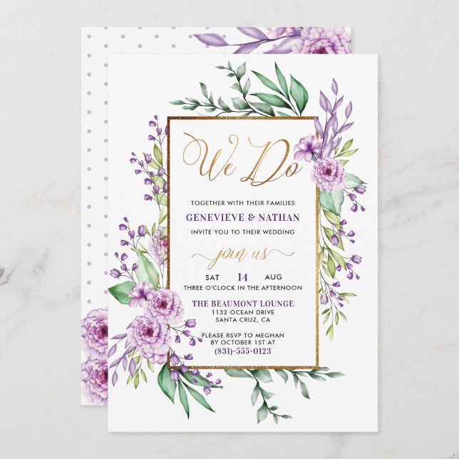 We Do Gold Glitter Script Purple Flowers Wedding Invitation (Front/Back)
