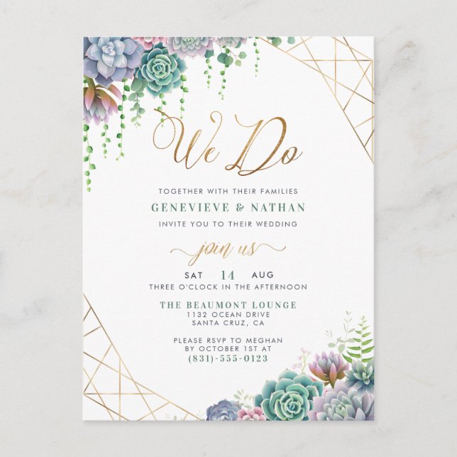 "We Do" Gold Glitter Script & Succulents Wedding Invitation Postcard (Front)