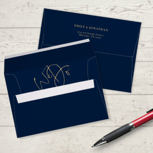 We Do Gold Name Return Address Navy Blue Wedding Envelope