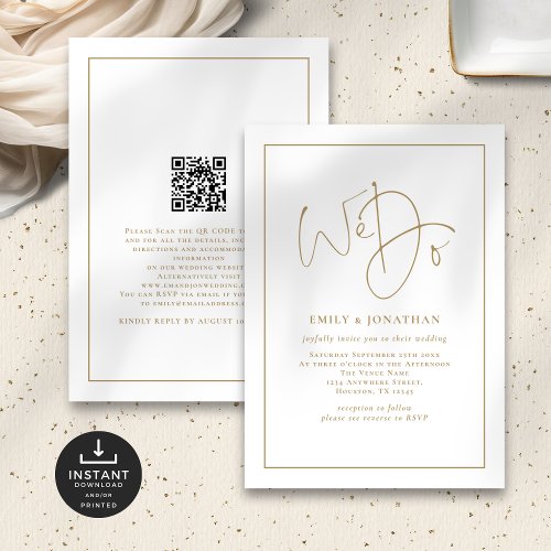We Do Gold Script Line Border QR Code Wedding Invitation