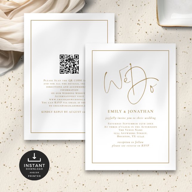 We Do Gold Script Line Border QR Code Wedding Invitation (Front and back view)