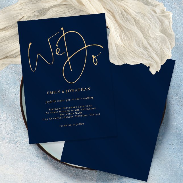We Do Gold Script Navy Blue Wedding Invitation (Creator Uploaded)