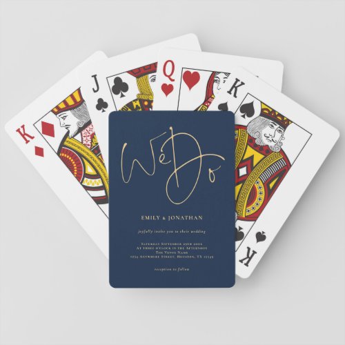 We Do Gold Script Navy Blue Wedding Poker Cards
