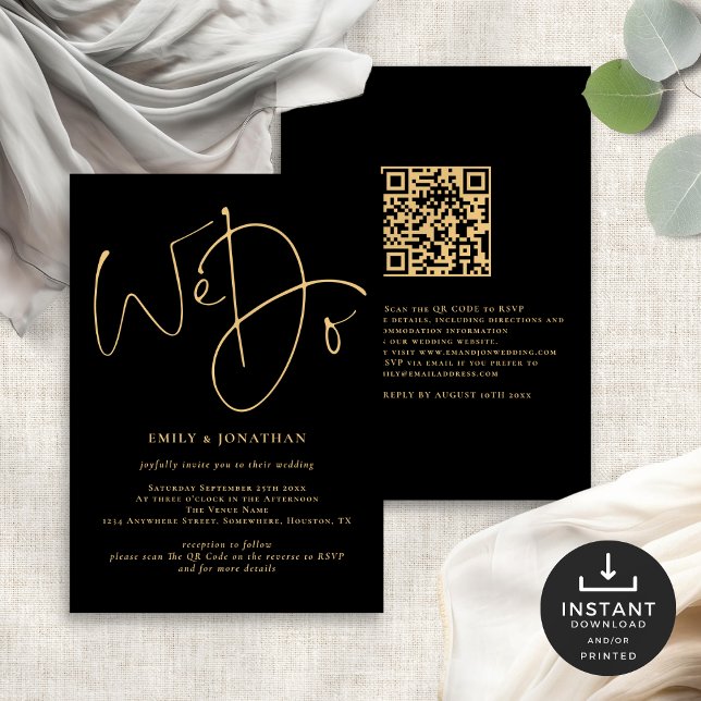We Do Gold Script QR Code Black Wedding  Invitation (Front and back view)