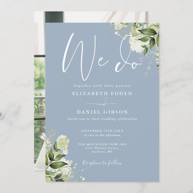 We Do Greenery Floral Photo Dusty Blue Wedding Invitation (Front/Back)