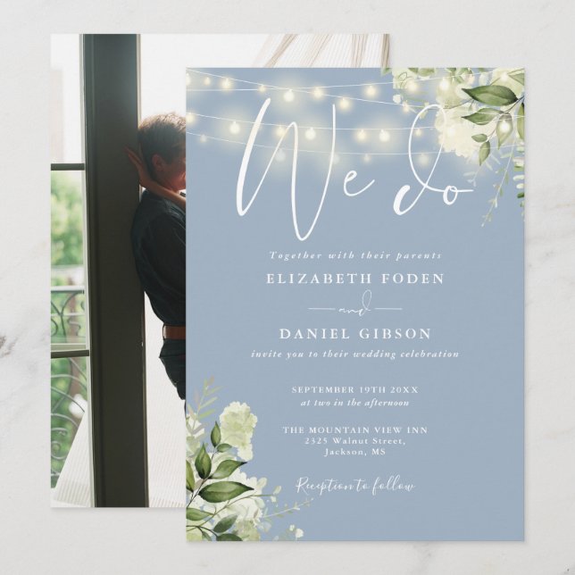 We Do Greenery Lights Photo Dusty Blue Wedding Invitation (Front/Back)