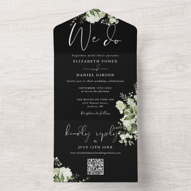 We Do Greenery QR Code Black And White Wedding All In One Invitation (Inside)