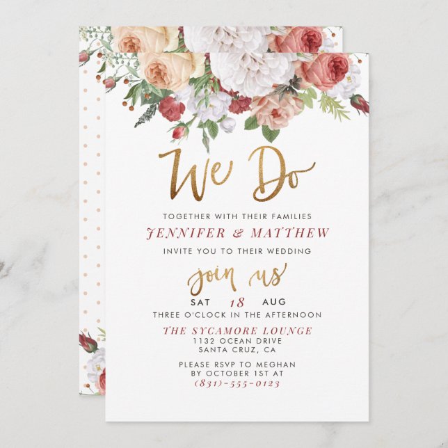 We Do | Hand-Lettered Style Script & Rose Wedding Invitation (Front/Back)