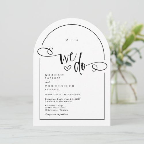 We Do Heart Black White Modern Script Wedding Invitation