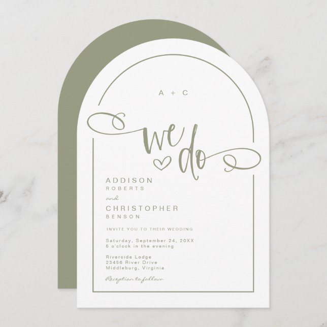 We Do Heart Sage Green Modern Script Wedding Invitation (Front/Back)