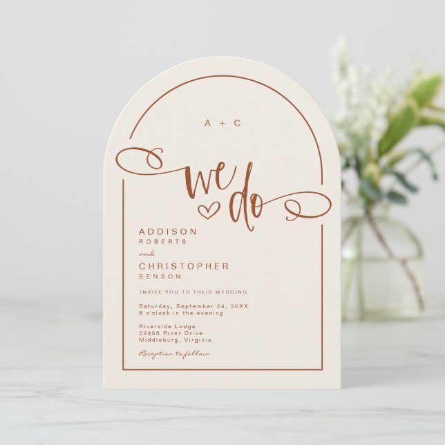 We Do Heart Terracotta Modern Script Wedding Invitation (Standing Front)