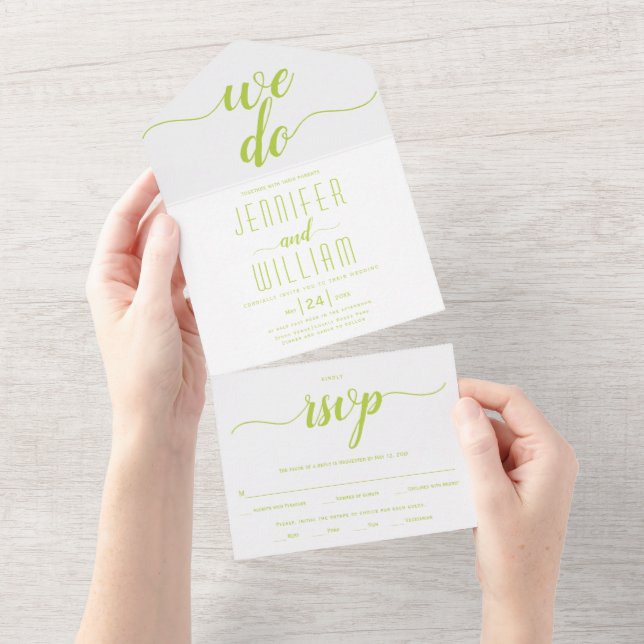 "We do" lime green script typography wedding All In One Invitation (Tearaway)