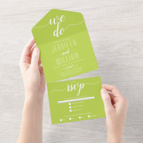 We do lime green white script calligraphy wedding all in one invitation