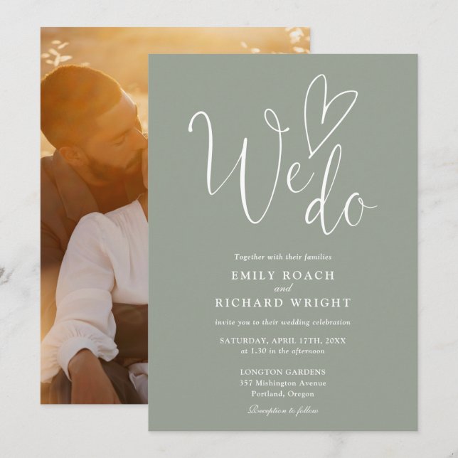 We Do Love Heart Photo Sage Green Wedding Invitation (Front/Back)