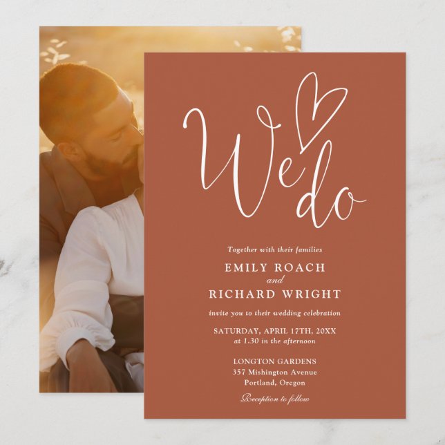 We Do Love Heart Photo Terracotta Wedding Invitation (Front/Back)