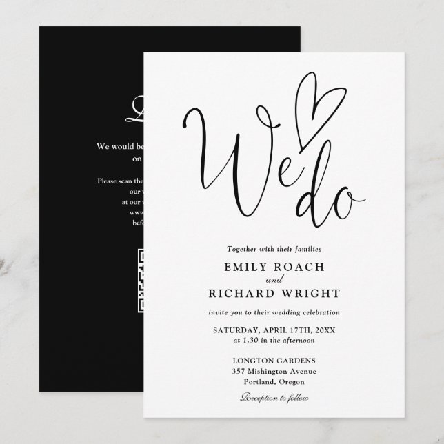 We Do Love Heart QR Code Black And White Wedding Invitation (Front/Back)