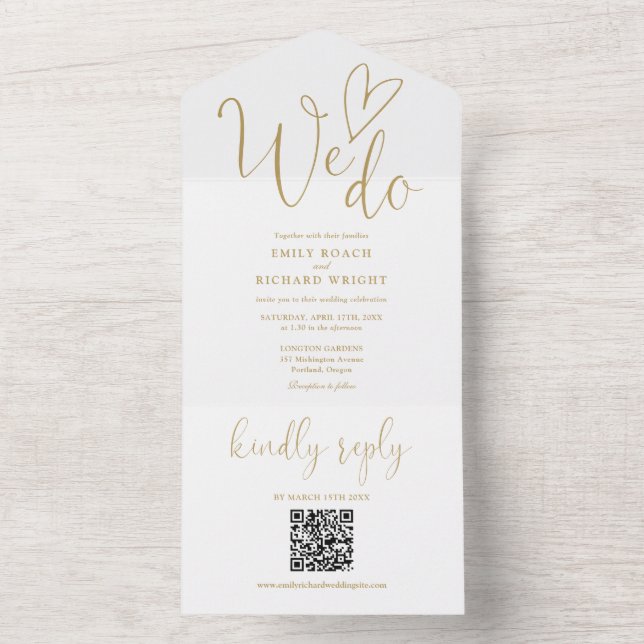 We Do Love Heart QR Code Chic Gold Wedding All In One Invitation (Inside)