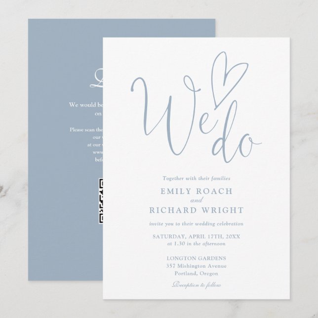 We Do Love Heart QR Code Dusty Blue Wedding Invitation (Front/Back)