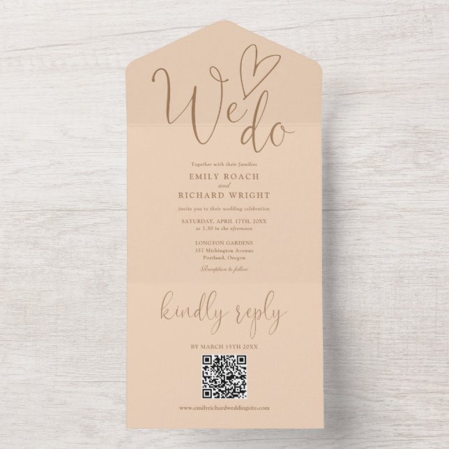 We Do Love Heart QR Code Soft Peach Wedding All In One Invitation (Inside)