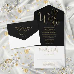 We Do Love Heart Script Black And Gold Wedding All In One Invitation
