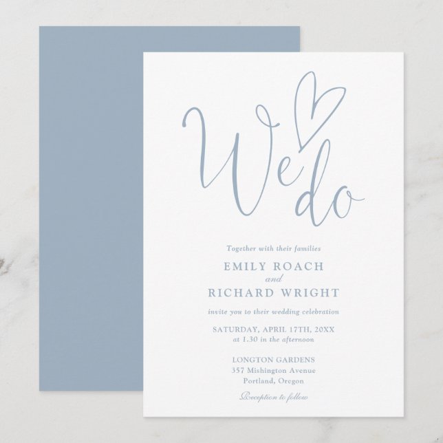 We Do Love Heart Script Dusty Blue Wedding Invitation (Front/Back)