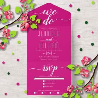 "We do" magenta pink script calligraphy wedding All In One Invitation