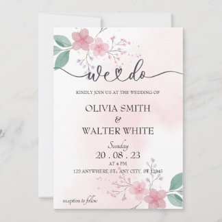 We Do, Minimalist Pink Floral Wedding Invitation