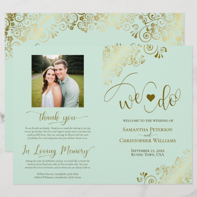We Do! Mint Green & Gold DIY Fold Wedding Program (Front/Back)