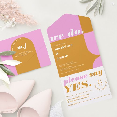 We Do Modern Bold Pink  Yellow Retro Abstract All In One Invitation