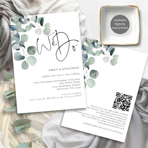 We Do Modern Eucalyptus QR Code Wedding Invitation
