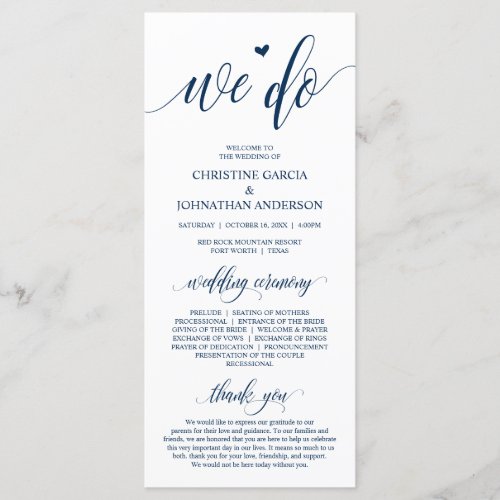 We do Modern Navy Blue Script Wedding Ceremony Program