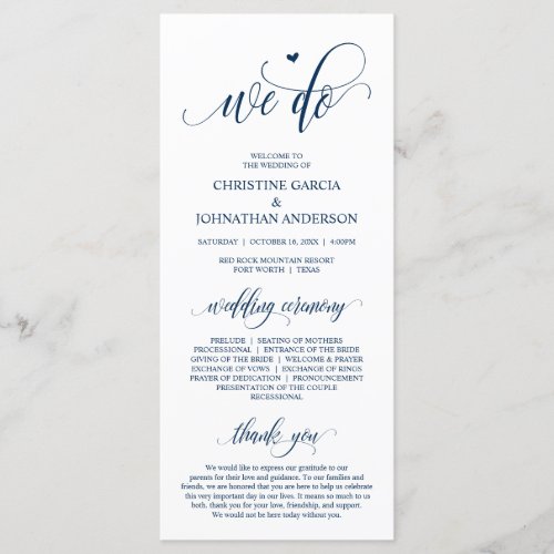 We do Modern Navy Blue Script Wedding Ceremony Program