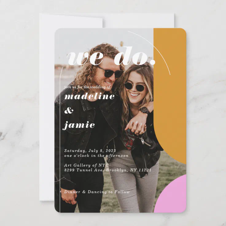 We Do Modern Pink Yellow Retro Abstract Photo Invitation