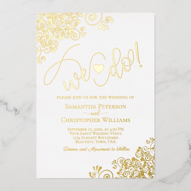 We Do! Modern Script & Cute Heart Wedding Foil Invitation (Front)