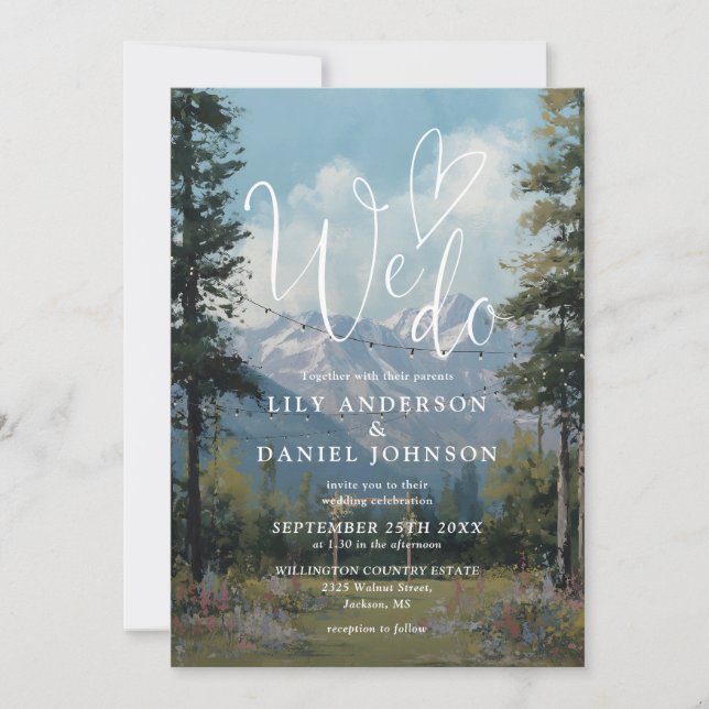 We Do Mountain Floral String Lights Wedding Invitation (Front)