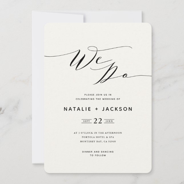 We Do navy blue script text elegant wedding invite (Front)