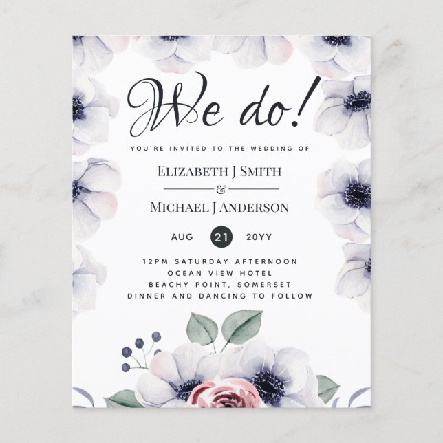 WE DO Navy Blue White Floral Wedding Invites (Front)