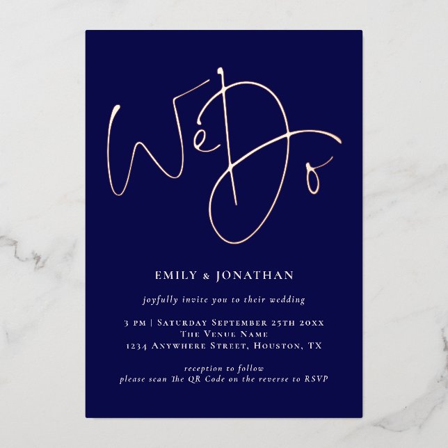 We Do Navy QR Code Rose Gold Real Foil Wedding Foil Invitation (Front)