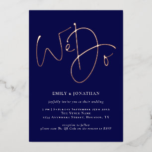 We Do Navy QR Code Rose Gold Real Foil Wedding Invitation