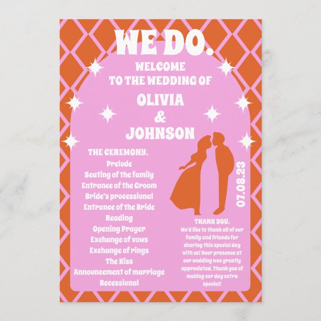 We Do Orange Retro Boho Wedding Order of Service Program (Front)