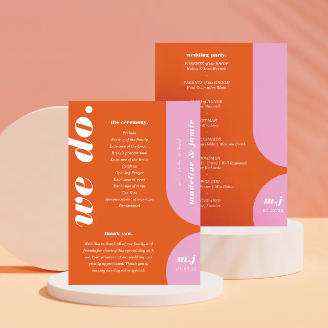 We Do Orange Retro Style Wedding Order of Service Program | Zazzle