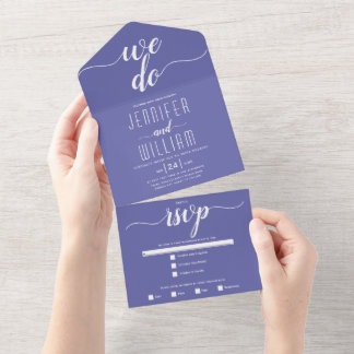 "We do" periwinkle blue script calligraphy wedding All In One Invitation