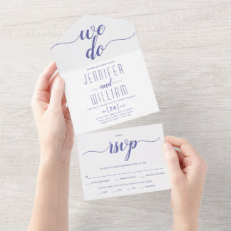 "We do" periwinkle blue script typography wedding All In One Invitation