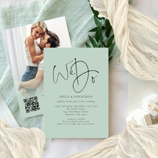 We Do Photo Overlay Script QR Code Sage Wedding  Invitation (Front and back view)